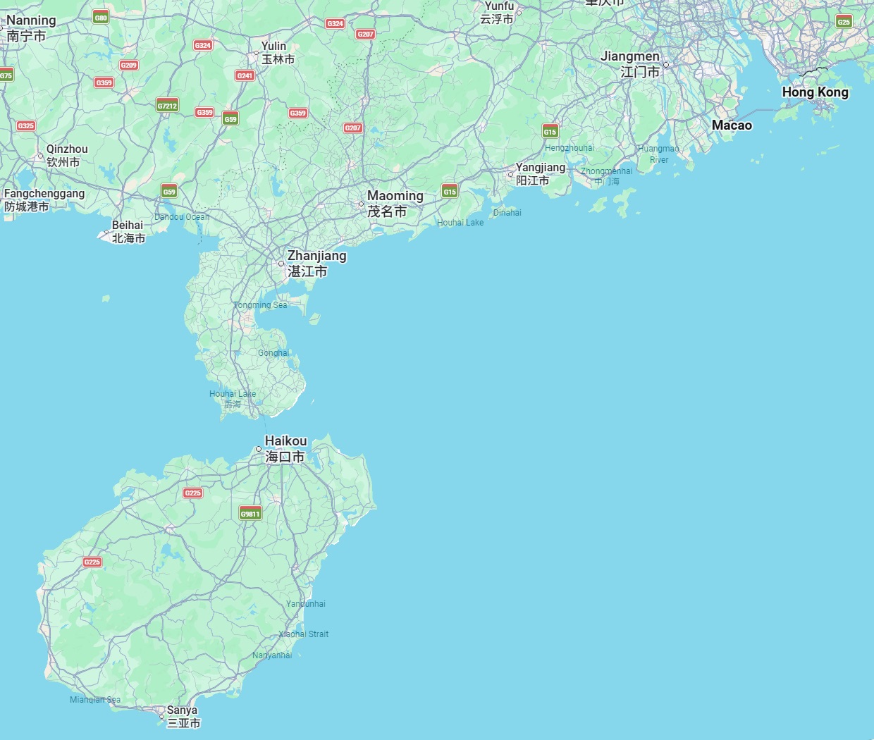 Map of Hainan Island showing Sanya and surrounding areas